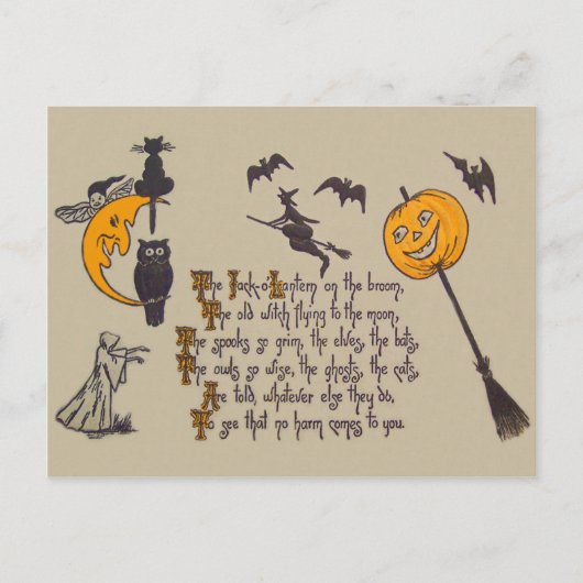 Heks Vleermuis Uil Zwarte Kat Jack-o'-lantern Briefkaart (Voorkant)