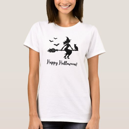 Heks vliegen op een bezem gelukkige Halloween teks T-shirt (Voorkant)