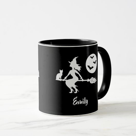 Heks vliegen op een bezem zwart-wit met naam mok (Voorkant rechts)