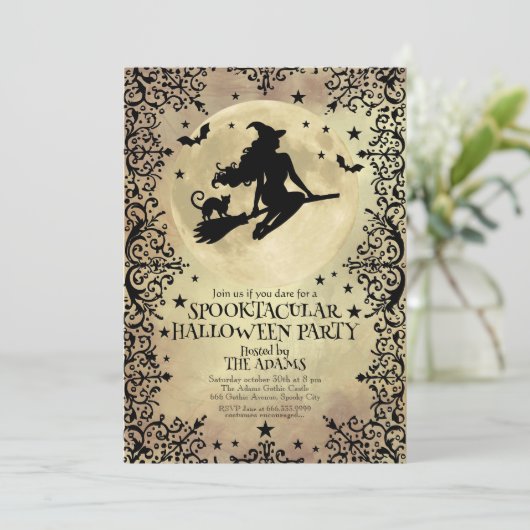 Heks Vliegen over de sterren Volwassen Halloween P Kaart (Staand voorkant)