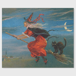 Heks vliegend met zwarte kat op Halloween Nacht Cadeaupapier