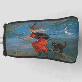 Heks Vliegend met Zwarte Kat op Halloween Nacht Golfheadcover