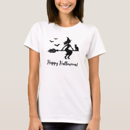 Heks vliegend op een bezem Happy Halloween tekst T-shirt