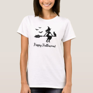 Heks vliegend op een bezem Happy Halloween tekst T-shirt