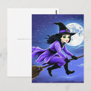 Heks vliegend op een bezem - Wicca Halloween 1 Briefkaart