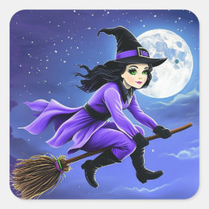 Heks vliegend op een bezem - Wicca Halloween 1 Vierkante Sticker