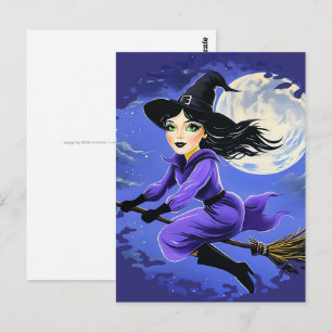 Heks vliegend op een bezem - Wicca Halloween 7 Briefkaart