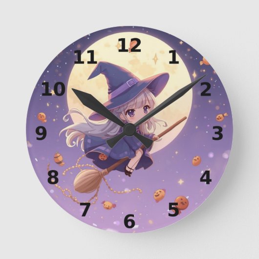 Heks vliegend over de maan Halloween wandklok (Voorkant)