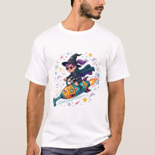 Heks Vliegende Stofzuiger Grappige Halloween Kunst T-shirt