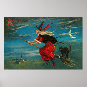 Heks Vliegende Zwarte Kat Sikkelmaan Poster