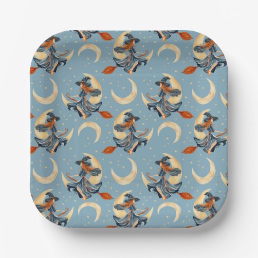 Heks vliegt op de huidige maan papieren bordje (Voorkant)