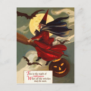 Heks vliegt op haar bezem op Halloweenavond Briefkaart