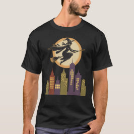 Heks vliegt over een retro stadsgezicht t-shirt