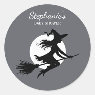 Heks vliegt over een Volle Maan baby shower Ronde Sticker