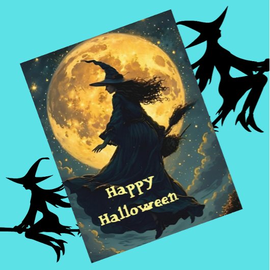 Heks vliegt over Halloween Briefkaart