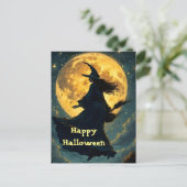 Heks vliegt over Halloween Briefkaart (Staand voorkant)
