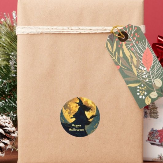 Heks vliegt over Halloween Briefkaart Ronde Sticker
