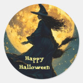 Heks vliegt over Halloween Briefkaart Ronde Sticker (Voorkant)