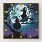 Heks vliegt 's nachts onder volle maan vierkante klok (Voorkant)