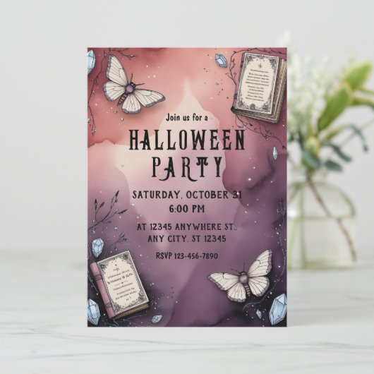 Heks, Vlinder, Spellingsboek, Halloween Uitnodigin Kaart (Staand voorkant)