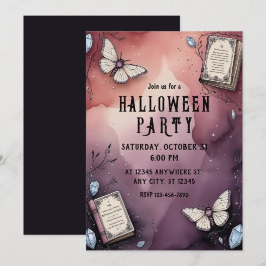 Heks, Vlinder, Spellingsboek, Halloween Uitnodigin Kaart (Voorkant / Achterkant)