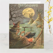 Heks Vuur Cauldron Volle Maan Nacht Kaart (Gele Bloem)