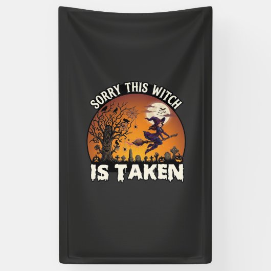 Heks Wordt Genomen Bezem Boom Kerkhof Halloween_1 Spandoek (Verticaal)