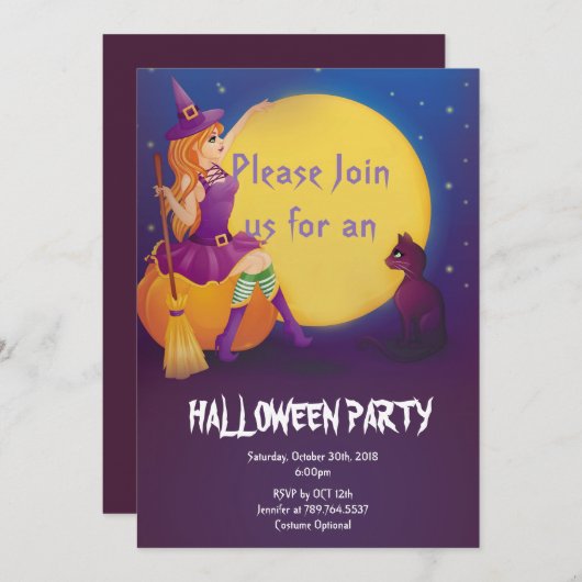 heks zittend op pompoen met kat Halloween feest Kaart (Voorkant / Achterkant)