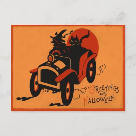 Heks Zwart Kat Auto Vollemaan Briefkaart (Voorkant)