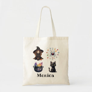 Heks Zwart Kat Cauldron Witchcraft Halloween Naam Tote Bag