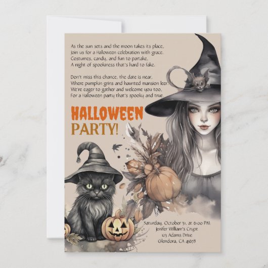 Heks Zwart Kat Halloween Feestgedicht Uitnodiging (Voorkant)