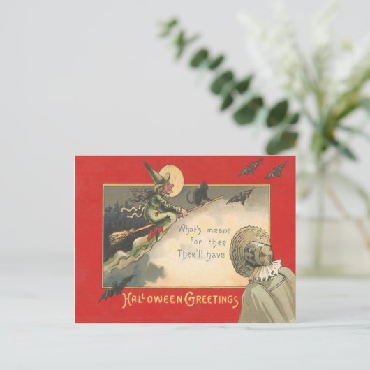 Heks Zwart Kat Volle Maan Vleermuis Boom Vrouw Nac Briefkaart (Staand voorkant)