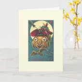  heks, zwarte kat en vleermuis Halloween Kaart (Gele Bloem)