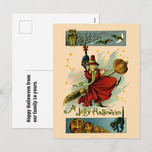  heks, zwarte kat en vleermuizen Halloween Feestdagenkaart (Voorkant / Achterkant)