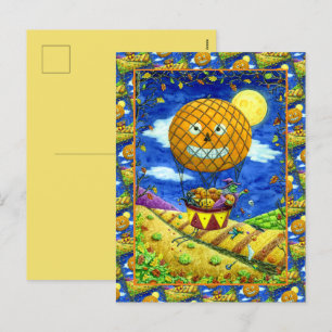 HEKS, ZWARTE KAT IN HETE LUCHTBALLON FOLK ART HUMO FEESTDAGENKAART