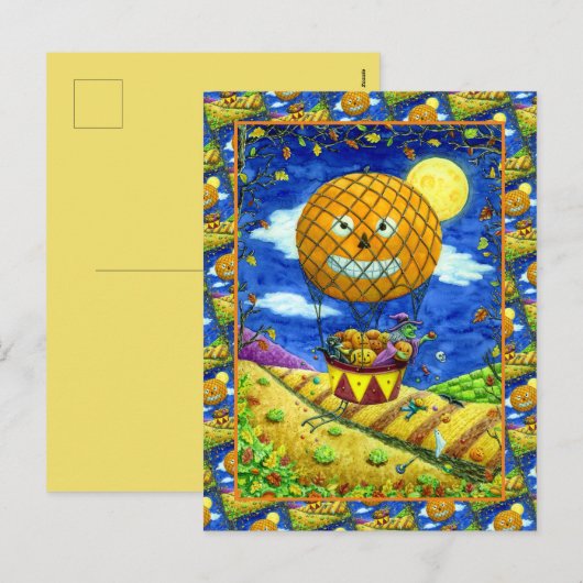 HEKS, ZWARTE KAT IN HETE LUCHTBALLON FOLK ART HUMO FEESTDAGENKAART (Voorkant / Achterkant)