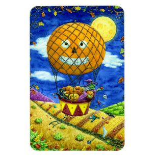 HEKS, ZWARTE KAT IN HETE LUCHTBALLON FOLK ART HUMO MAGNEET