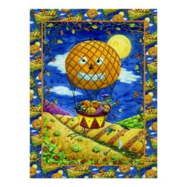 HEKS, ZWARTE KAT IN HETE LUCHTBALLON FOLK ART HUMO PERFECT POSTER