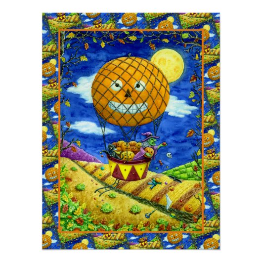 HEKS, ZWARTE KAT IN HETE LUCHTBALLON FOLK ART HUMO PERFECT POSTER (Voorkant)