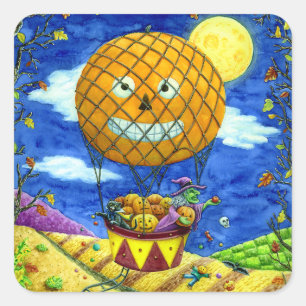 HEKS, ZWARTE KAT IN HETE LUCHTBALLON FOLK ART HUMO VIERKANTE STICKER