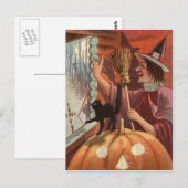 Heks Zwarte Kat Jack O Lantern Pompoen Briefkaart (Voorkant / Achterkant)