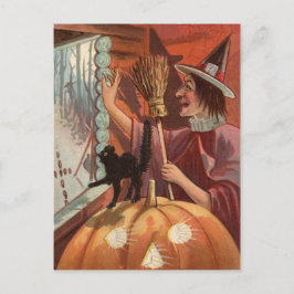 Heks Zwarte Kat Jack O Lantern Pompoen Briefkaart