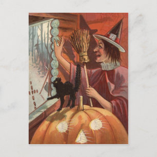 Heks Zwarte Kat Jack O Lantern Pompoen Briefkaart