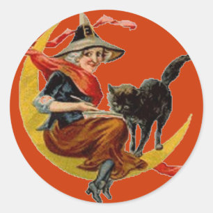 Heks & Zwarte Kat op Maan - Halloween Sticker