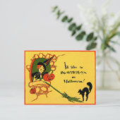 Heks Zwarte Kat Pompoen Vintage Halloween Briefkaart (Staand voorkant)