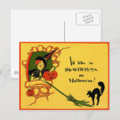 Heks Zwarte Kat Pompoen Vintage Halloween Briefkaart (Voorkant / Achterkant)