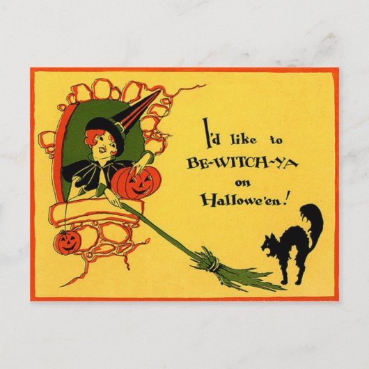 Heks Zwarte Kat Pompoen Vintage Halloween Briefkaart (Voorkant)