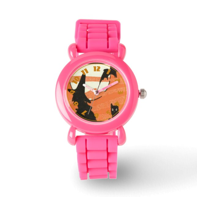 Heks Zwarte Kat Vleermuis Volle Maan Horloge (Voorkant)