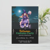  heks zwarte kat volle maan zwart halloween kaart (Staand voorkant)