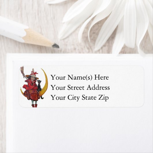 Heks Zwarte Kat Zittend op Maan  Halloween Etiket (Insitu)